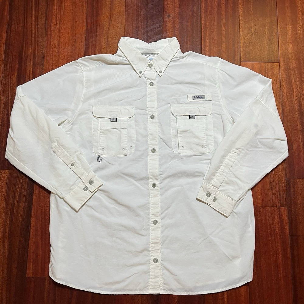 Columbia PFG Shirt Mens XL White Long Sleeve Button Down Fishing Pockets FLAW